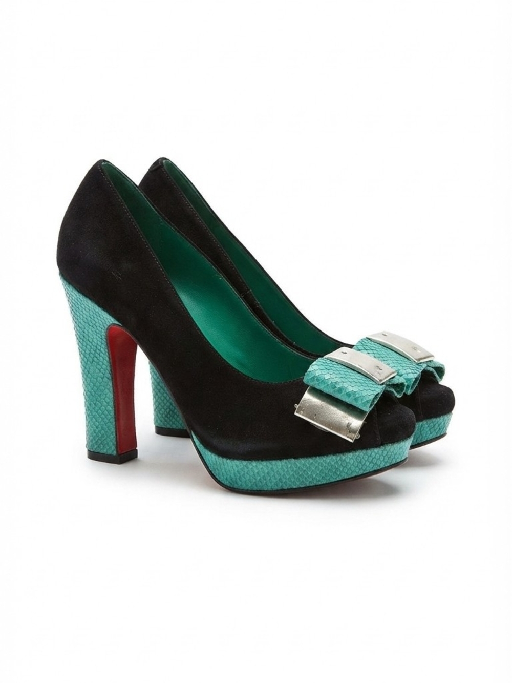 Black Suede Pumps Emerald Green Snake Print Bow Block Heel Women’s 5.5